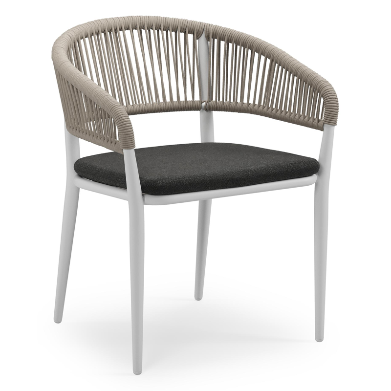 Tolfa stapelbare tuinstoel in wit aluminium en beige verticaal geweven ronde rope met stoelkussen in All Weather Sunbrella® Luxe Chartres Sooty