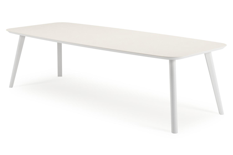 Mosa bootvormige tuinset in wit aluminium en sintered stone crema minerale met 10 Amalfi tuinstoelen