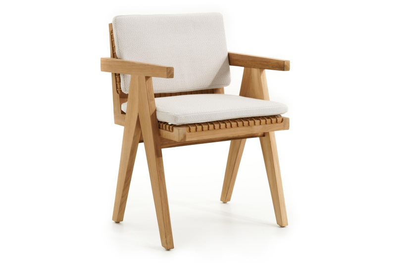 Trentino tuinstoel in teak en naturel ronde wicker met kussen in lopi marble all weather sunbrella® luxe