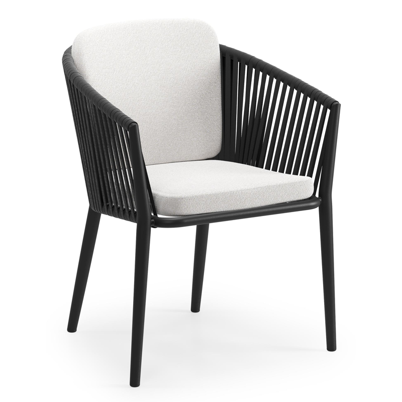 Chaise de jardin Orso en aluminium noir et corde plate tissée verticalement noir avec coussin en All Weather Solica Soul Optik