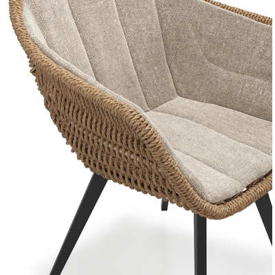 Pagino tuinstoel in zwart aluminium en bruin ronde wicker met zitkussen in All Weather Sunbrella® Luxe Chartres Pewter