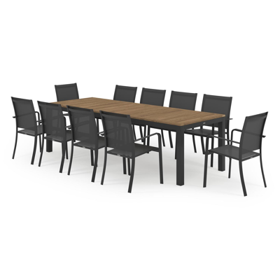 Varese tuinset in zwart aluminium en naturel teak tafelblad met 10 stapelbare Calobra tuinstoelen