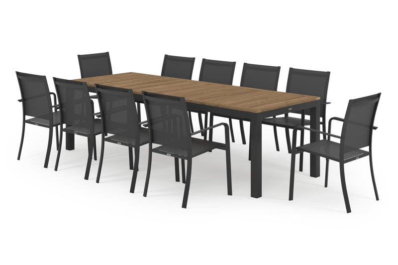 Varese tuinset in zwart aluminium en naturel teak tafelblad met 10 stapelbare Calobra tuinstoelen
