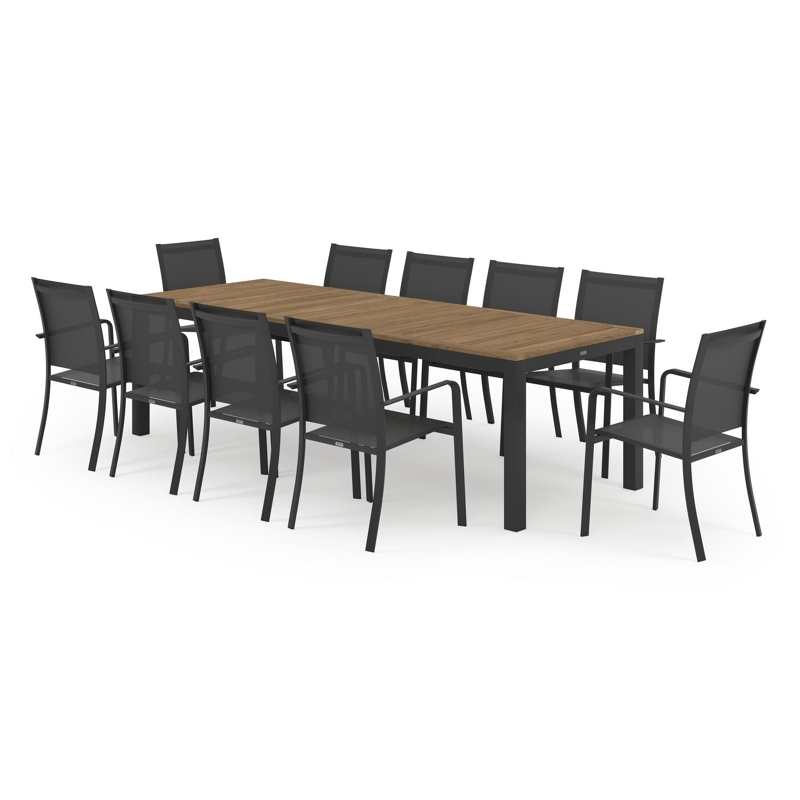 Varese tuinset in zwart aluminium en naturel teak tafelblad met 10 stapelbare Calobra tuinstoelen
