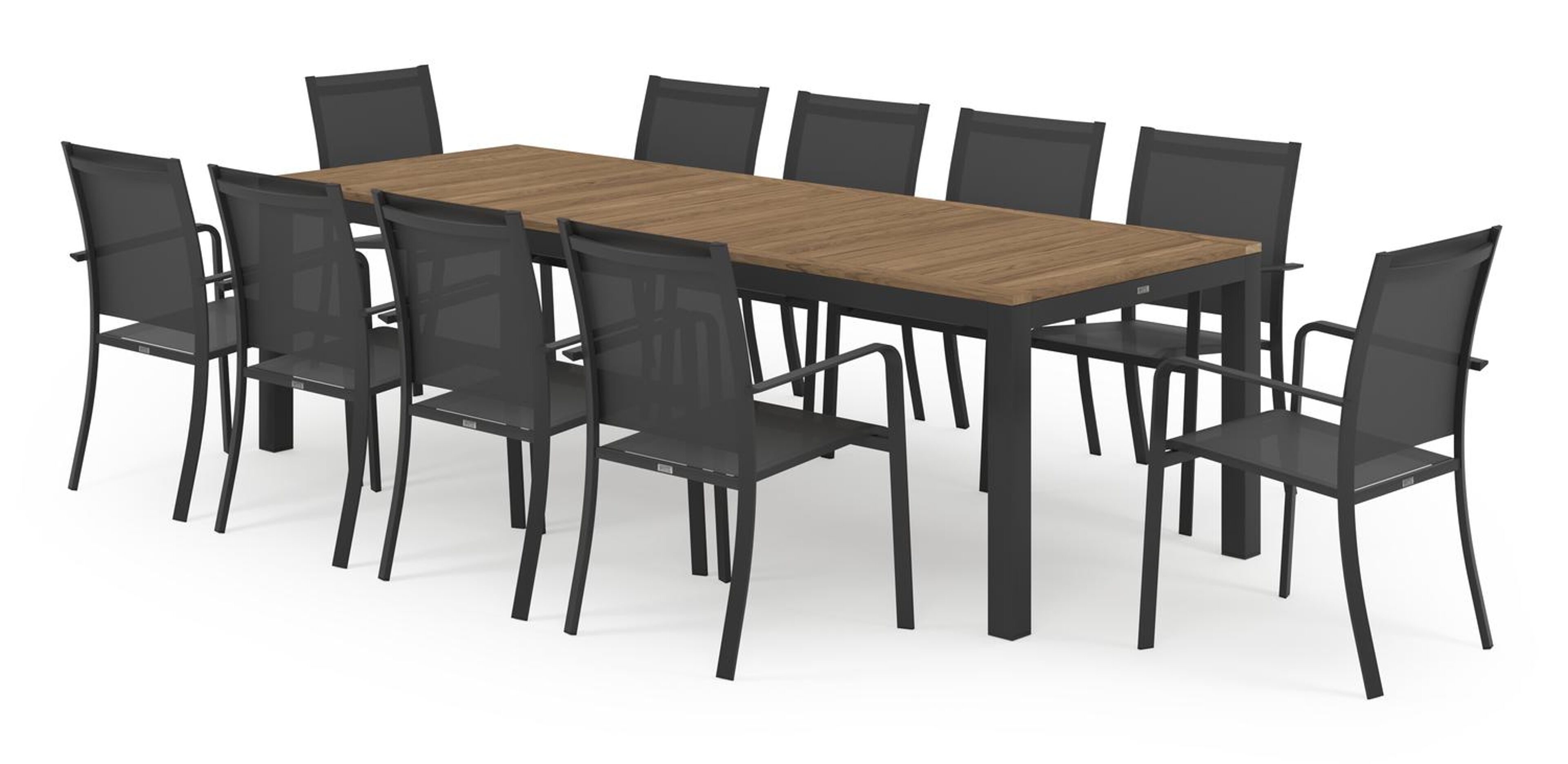 Varese tuinset in zwart aluminium en naturel teak tafelblad met 10 stapelbare Calobra tuinstoelen