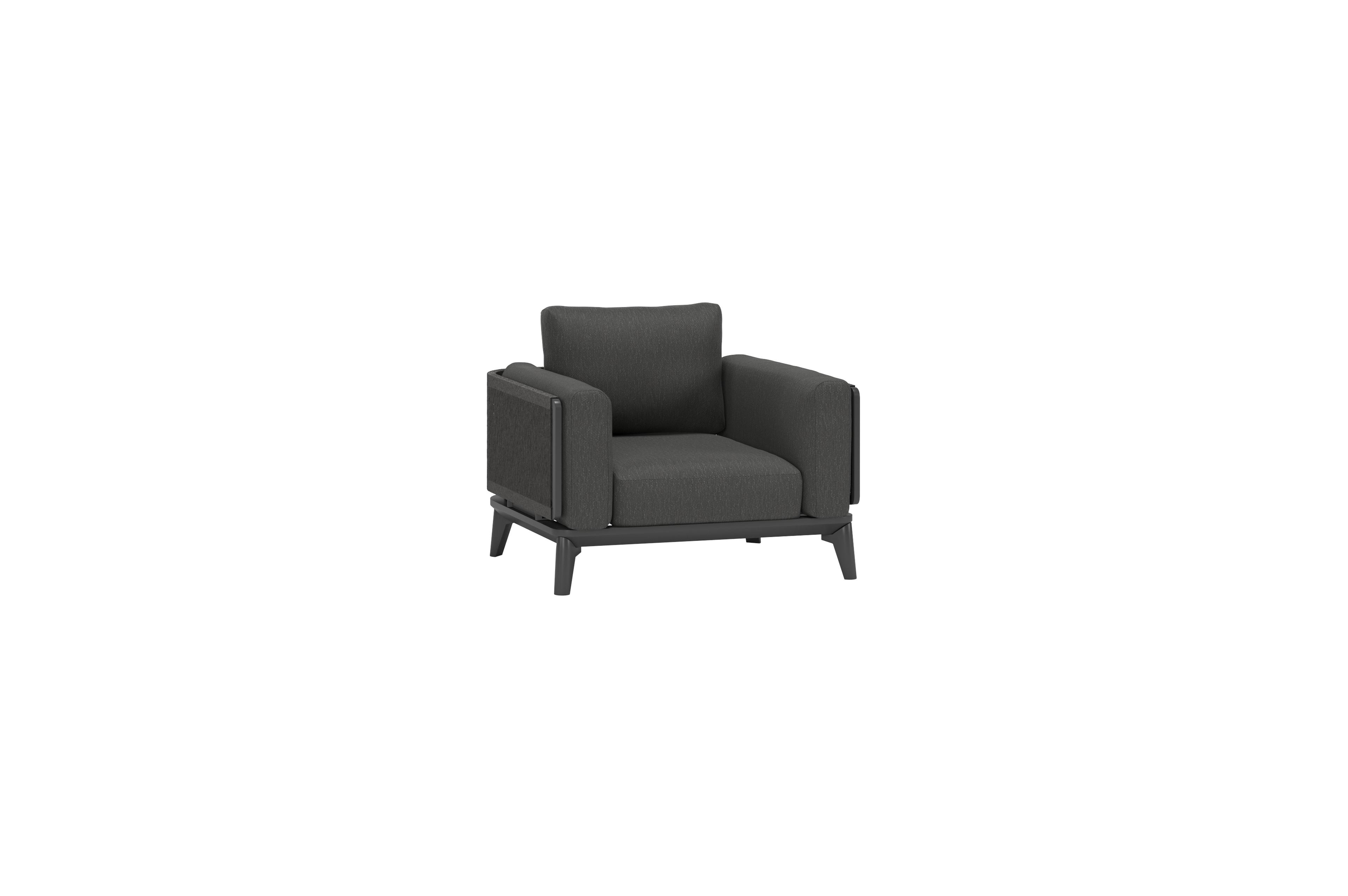 Mosa loungestoel 1-zit in zwart aluminium en zwart gedraaide ronde wicker met sky black kussen