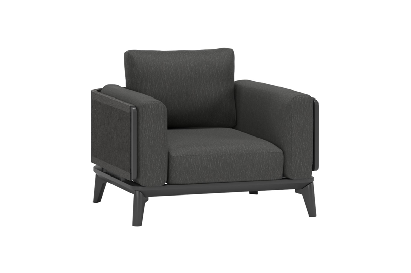 Mosa loungestoel 1-zit in zwart aluminium en zwart gedraaide ronde wicker met sky black kussen