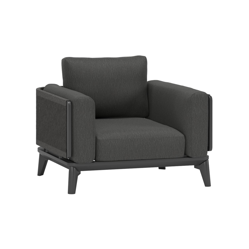 Mosa loungestoel 1-zit in zwart aluminium en zwart gedraaide ronde wicker met sky black kussen