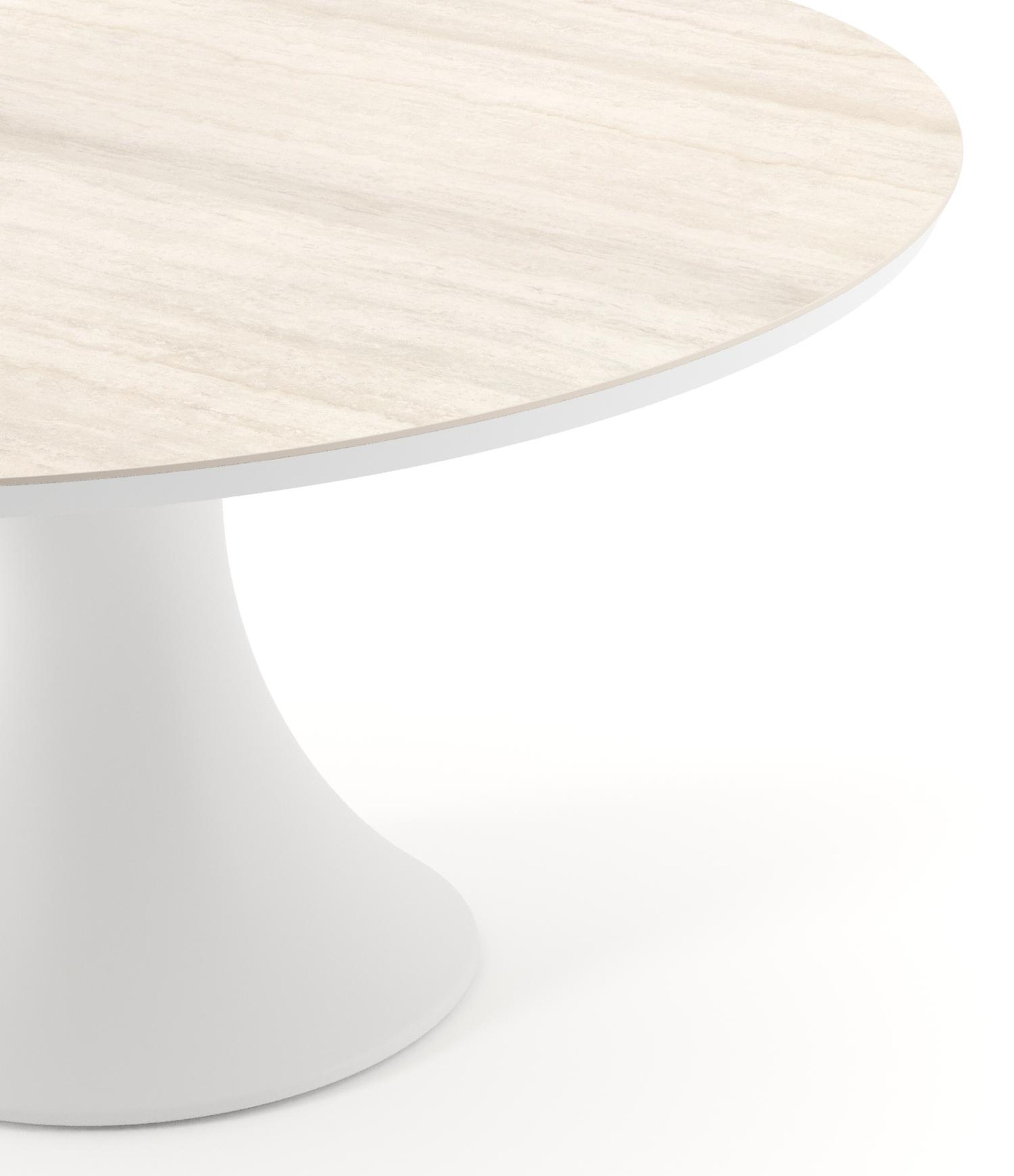 Table de jardin Fano ronde en aluminium blanc et céramique pleine Travertino Bianco - Diam. 148 x Haut. 75 cm