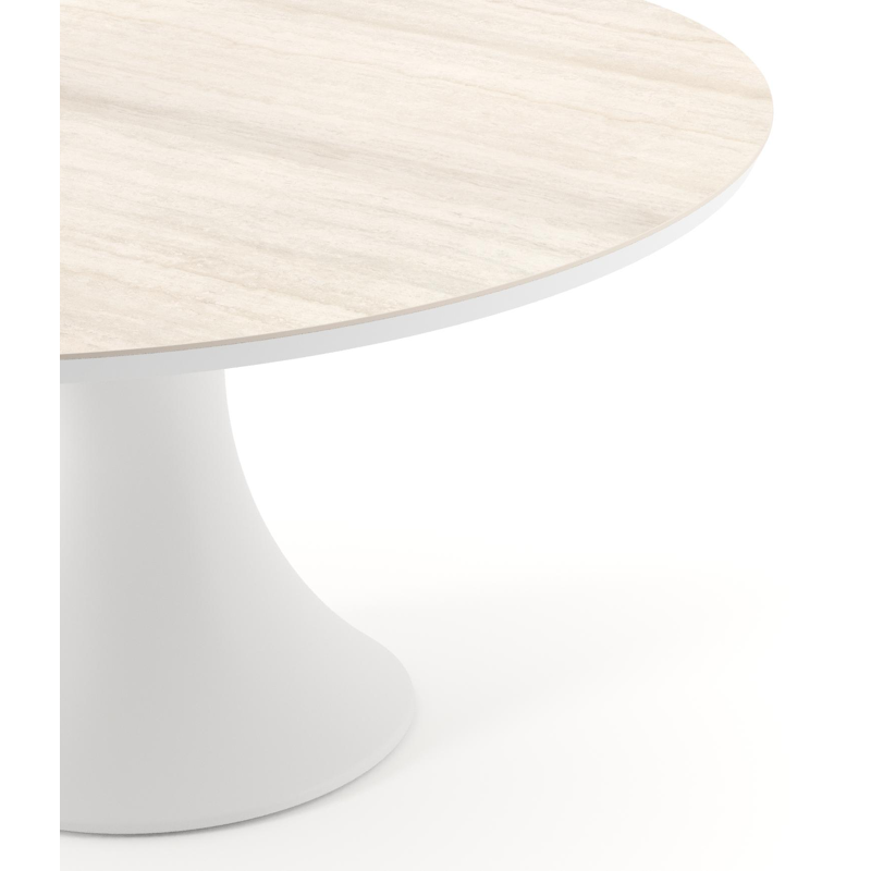 Table de jardin Fano ronde en aluminium blanc et céramique pleine Travertino Bianco - Diam. 148 x Haut. 75 cm