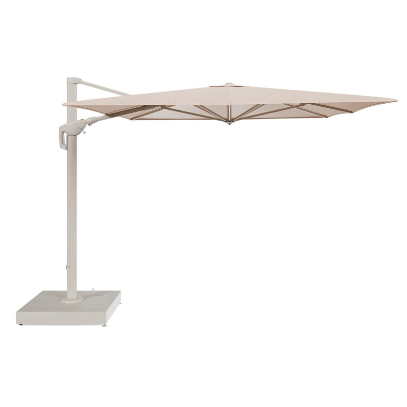 Parasol pendant Minore avec fonction tilt en aluminium beige et toile de parasol All Weather Sunbrella® Luxe Natte Linen Chalk - Lg1 400 x Lg2 300 cm avec pied de parasol Minore 260 kg avec roulettes
