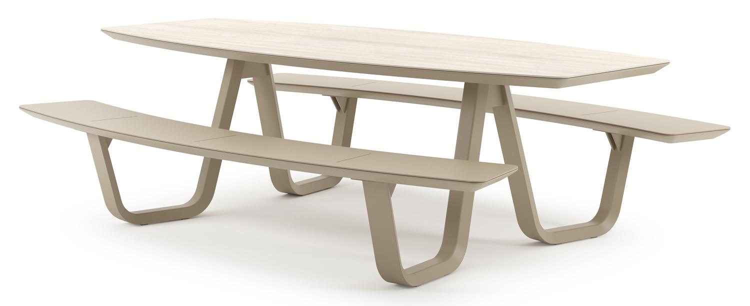 Table de pique-nique Forno forme de bateau en aluminium beige et céramique pleine Travertino Bianco - Lg. 240 x Lrg. 181 x Haut. 72 cm