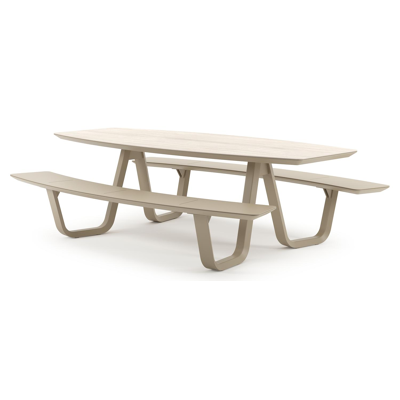 Forno picknicktafel bootvorm in beige aluminium en volkeramiek Travertino Bianco - L 240 x B 181 x H 72 cm