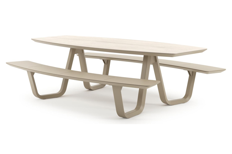 Forno picknicktafel bootvorm in beige aluminium en volkeramiek Travertino Bianco - L 240 x B 181 x H 72 cm