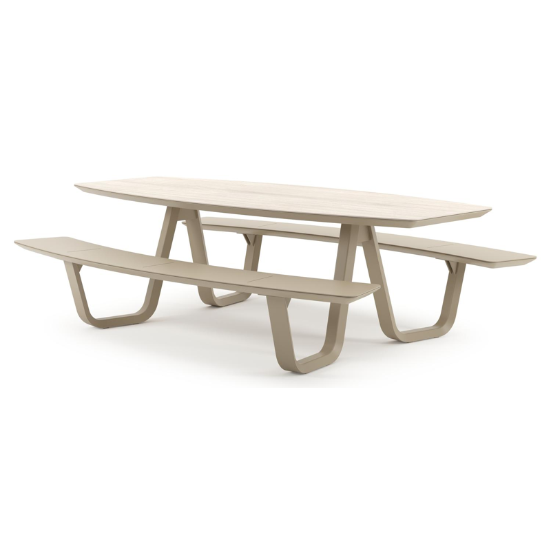 Forno picknicktafel bootvorm in beige aluminium en volkeramiek Travertino Bianco - L 240 x B 181 x H 72 cm