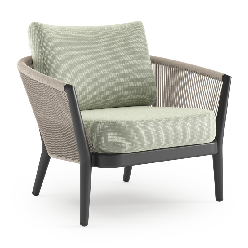 Orso loungestoel in zwart aluminium en beige verticaal geweven ronde rope met Slow Spirea all weather sunbrella® luxe kussen