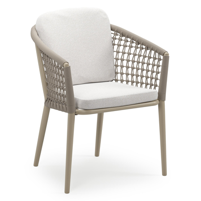 Orso stapelbare tuinstoel in beige aluminium en beige visnet geweven ronde rope met stoelkussen in All Weather Solica Soul Optik