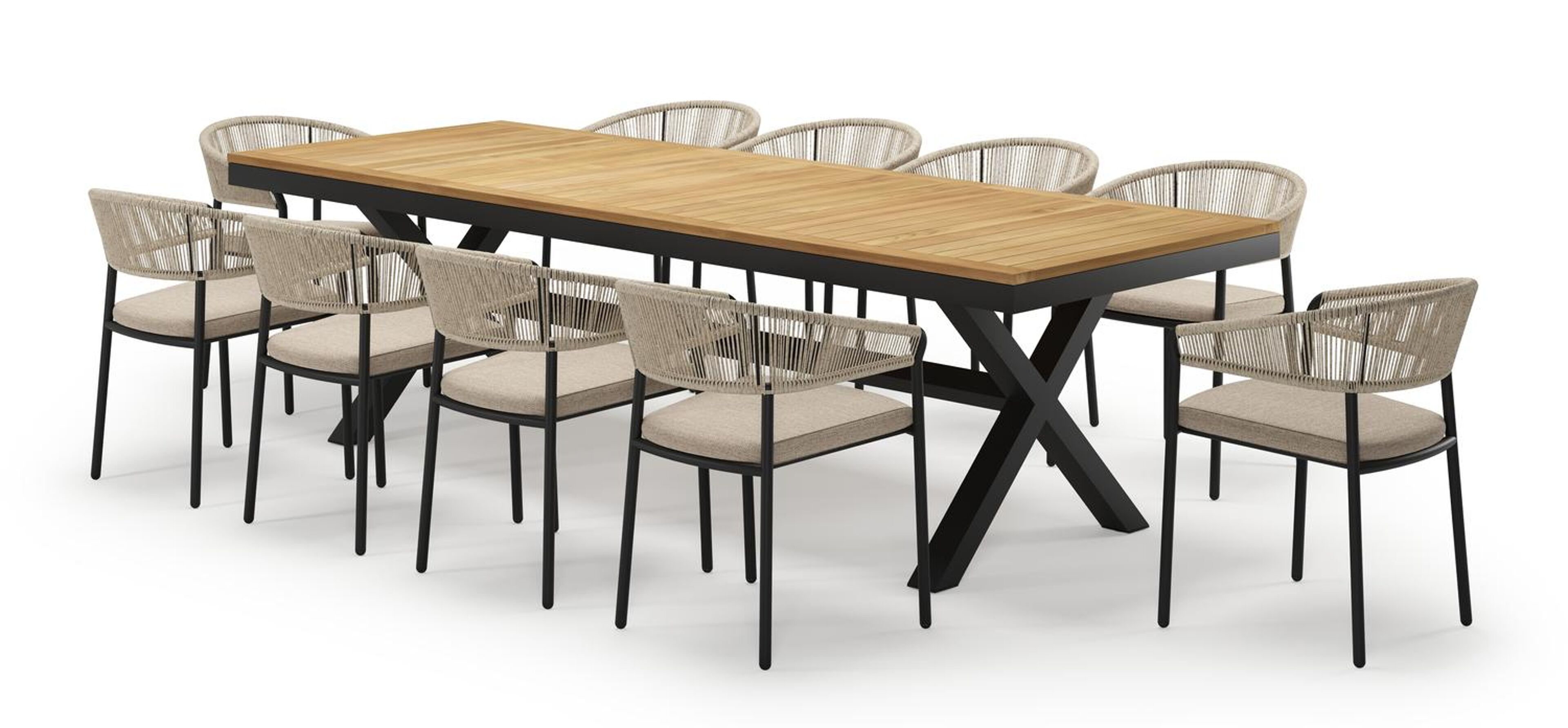 Reza rechthoekige tuinset in zwart aluminium en teak natural finish met 10 Zamora tuinstoelen