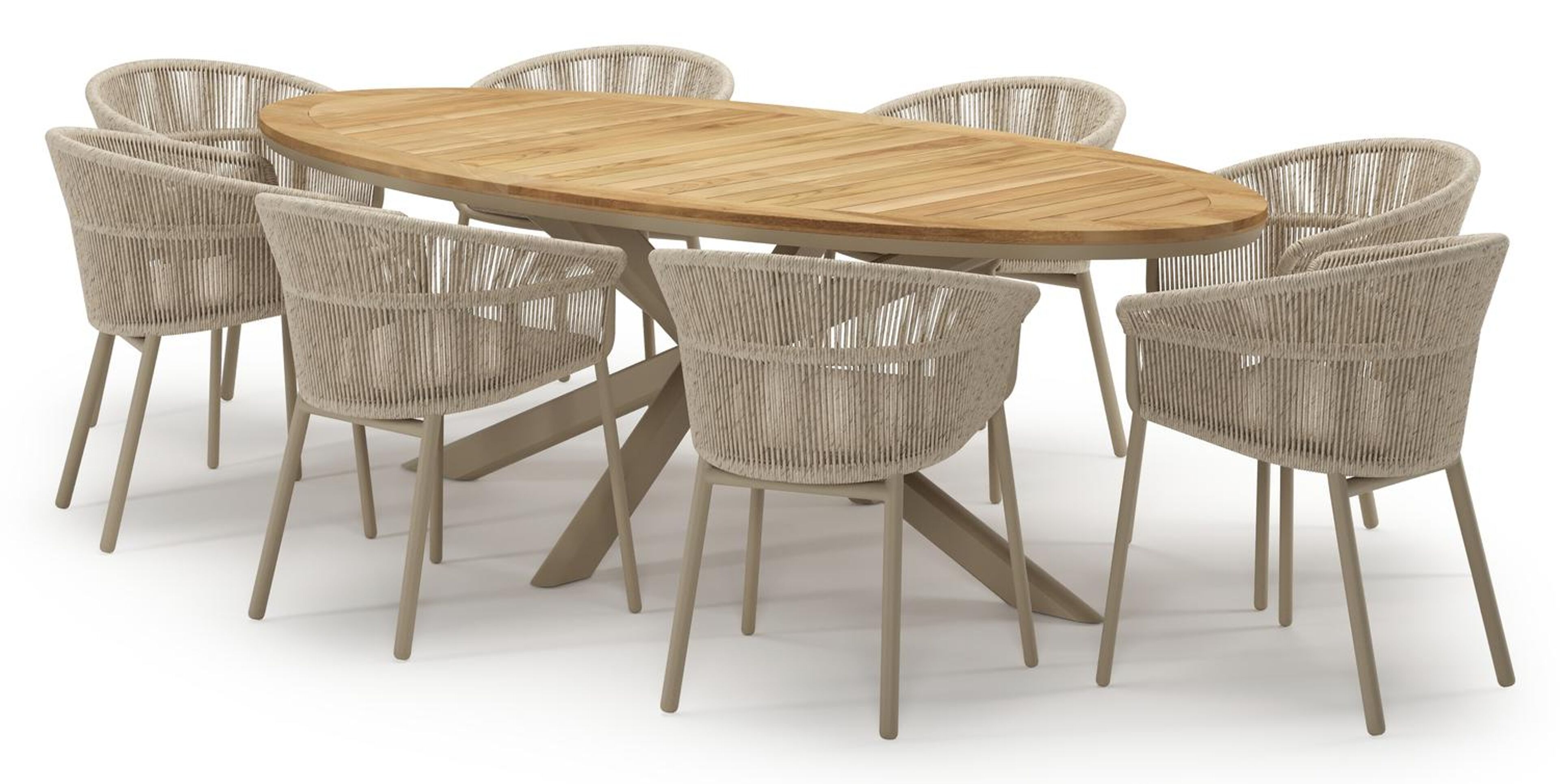 Ensemble de jardin Pamplona en aluminium beige et sintered stone natural finish avec 8 chaises de jardin empilable Matera