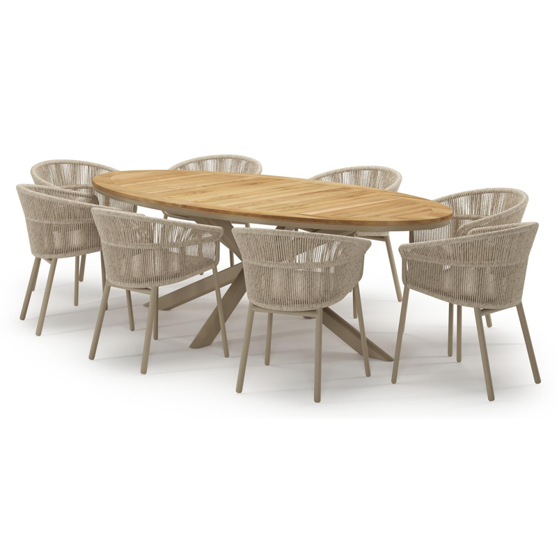 Pamplona tuinset in beige aluminium en teak met 8 stapelbare Matera tuinstoelen