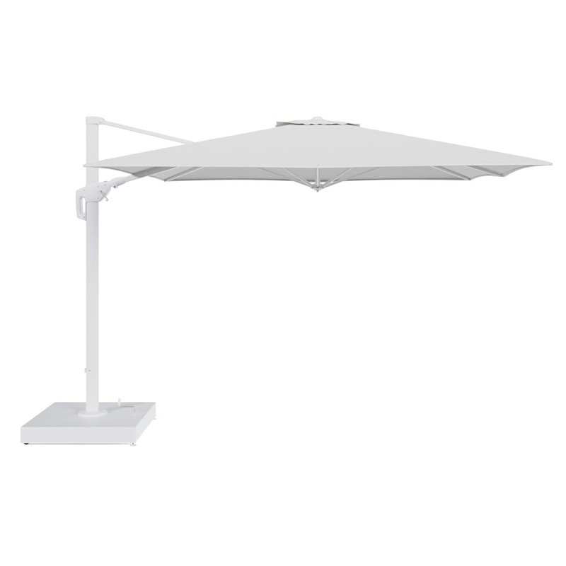 Minore zweefparasol met tiltfunctie in wit aluminium en Ego Birch All Weather Solica parasoldoek - L1 350 x L2: 350 cm met parasolvoet Minore 260 kg met wielen