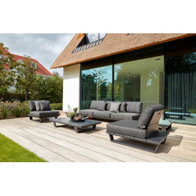 Canapé de jardin Pagino en aluminium noir et coussins en all weather sunbrella® luxe natte nature grey