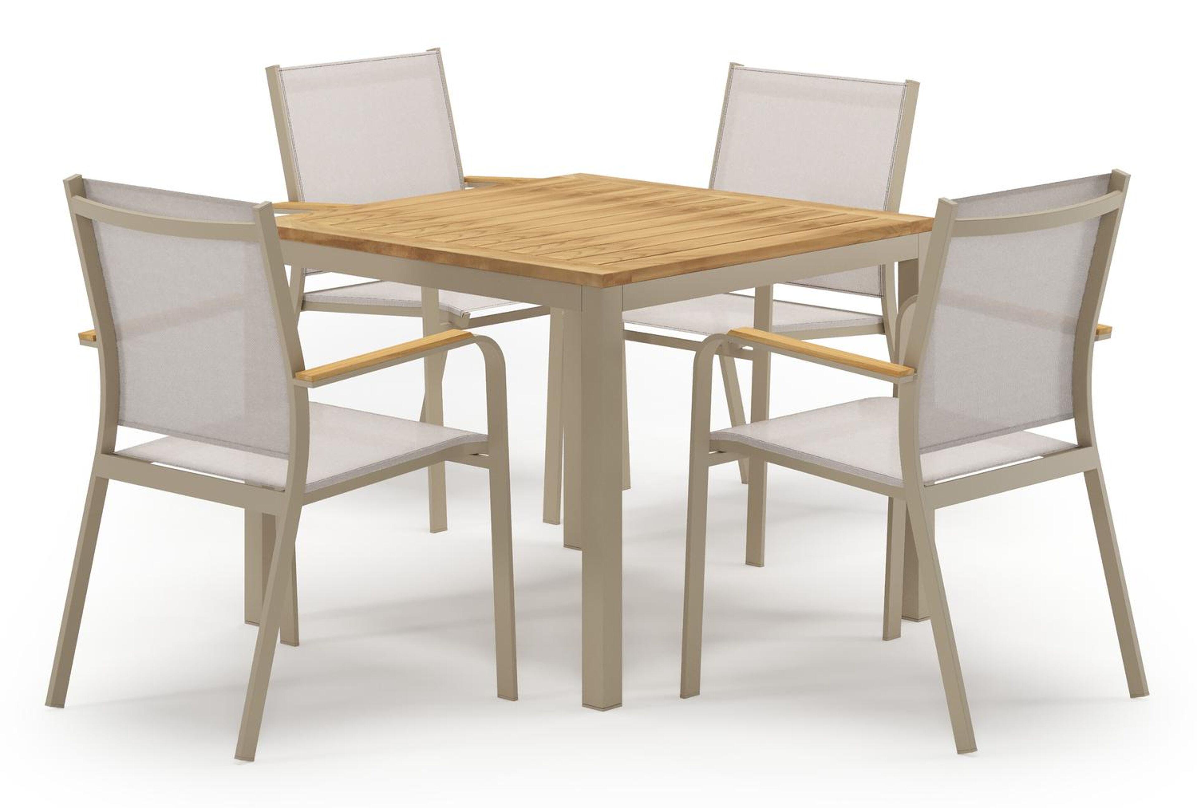 Ensemble de jardin Feltro en aluminium beige et teck natural finish avec 4 chaises de jardin empilable Amalfi