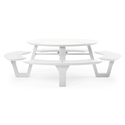 Rondino picknicktafel in wit aluminium en volkeramiek calacatta tafelblad - Ø 236 x H 71,5 cm