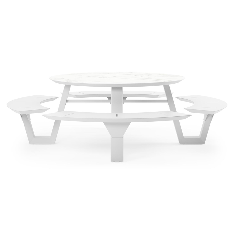 Rondino picknicktafel in wit aluminium en volkeramiek calacatta tafelblad - Ø 236 x H 71,5 cm