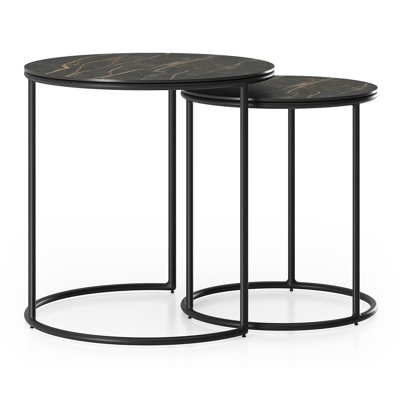 Ensemble de 2 tables basse Fano en aluminium noir avec céramique pleine Black Obsession - table 1: dia 50 x H 50, table 2: dia 40 x H 45 cm