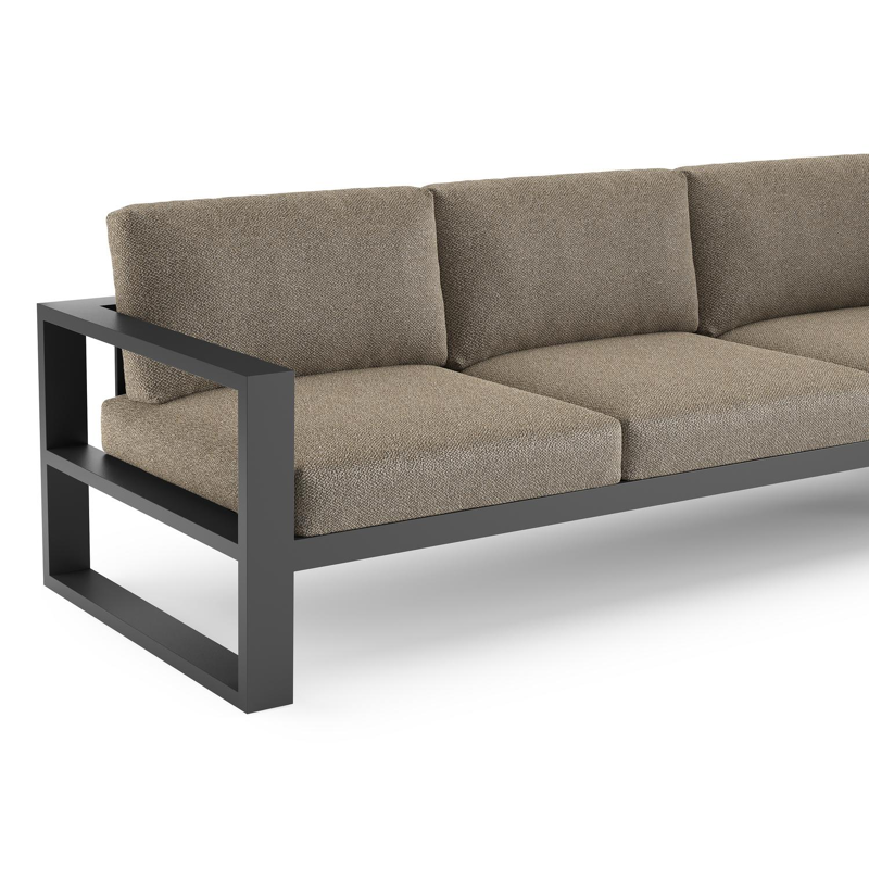 Verato loungehoek in zwart aluminium met madagascar burch all weather cosytica kussen