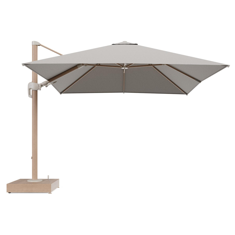 Rufina zweefparasol met tiltfunctie in houtlook aluminium en Firenze Sand All Weather Solica parasoldoek - L1 300 x L2 300 cm met parasolvoet Minore 150 kg met wielen