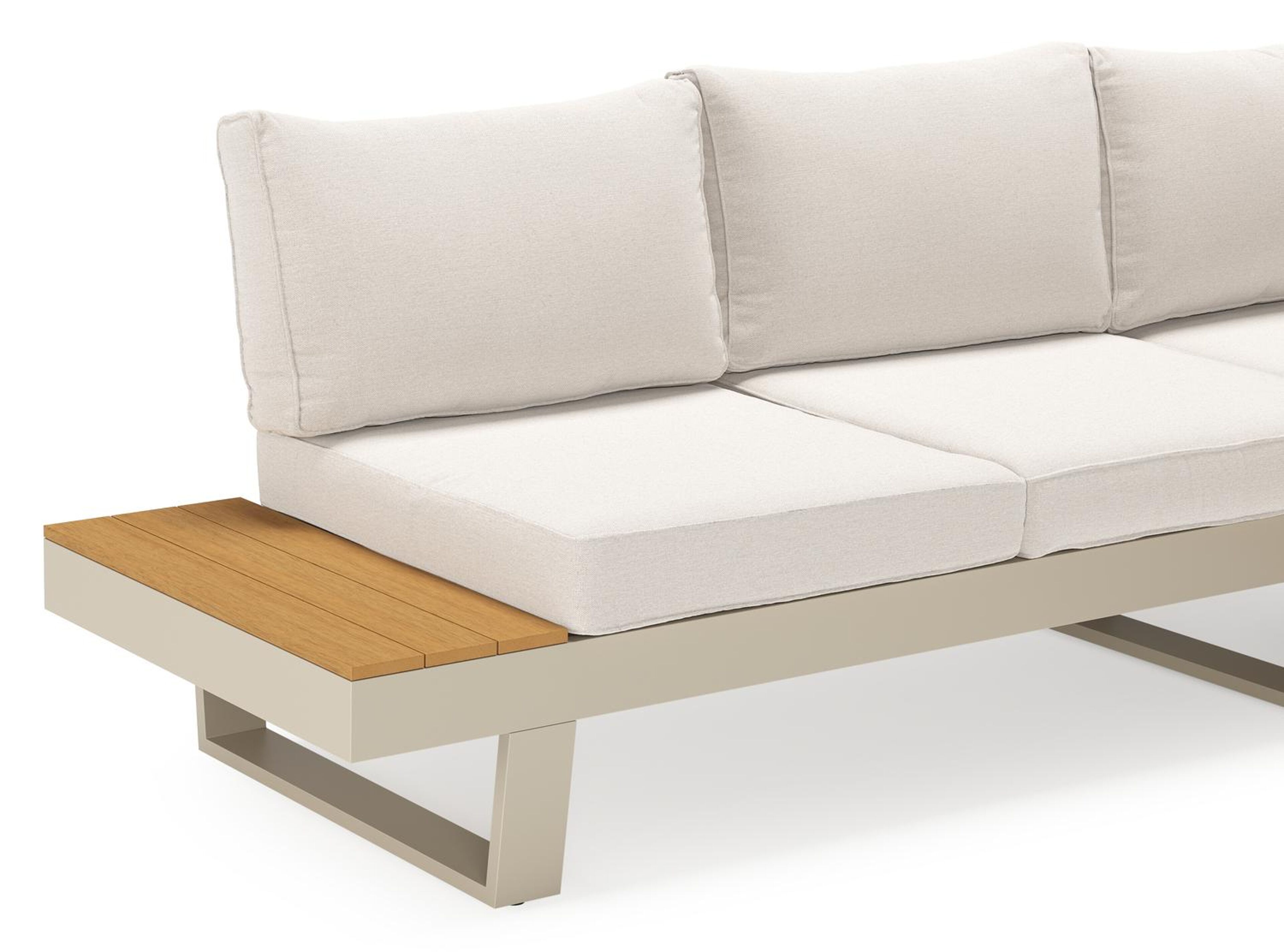 Alora loungehoek in beige aluminium en polywood met beige Weather+ Softtouch kussen en loungetafel