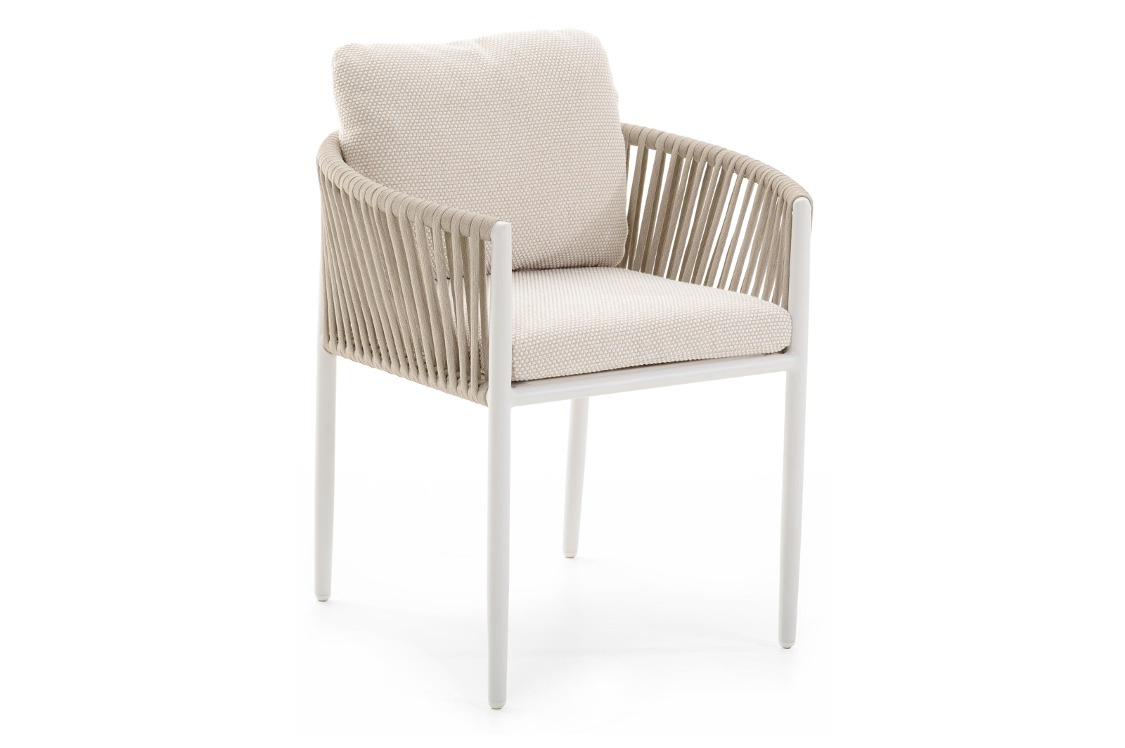 Chaise de jardin Organo en aluminium blanc et corde plate tissée verticalement beige avec coussin en althea off white all weather cosytica