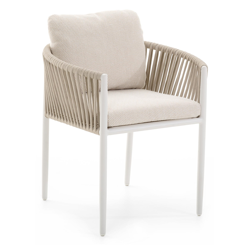 Organo tuinstoel in wit aluminium en beige verticaal geweven vlakke rope met kussen in althea off white all weather cosytica