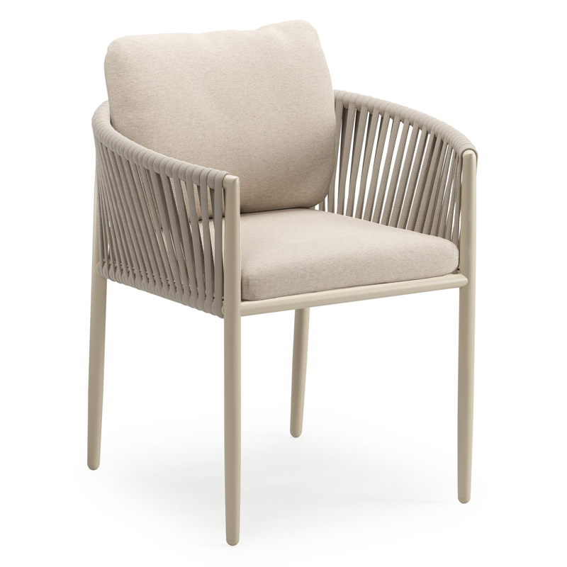 Organo tuinstoel in beige aluminium en beige verticaal geweven luxe vlakke rope met zitkussen in All Weather Sunbrella® Luxe Heritage Ash