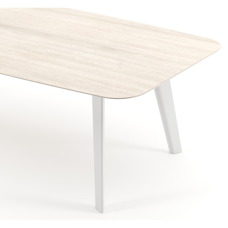 Table de jardin Lacrima forme de bateau en aluminium blanc et céramique pleine Travertino Bianco - Lg. 255 x Lrg. 115 x Haut. 73 cm