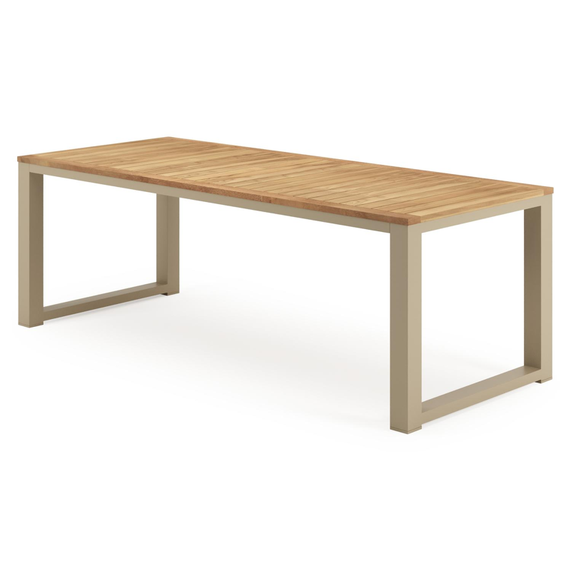 Table de jardin Livo rectangulaire en aluminium beige et teck Naturel - Lg. 220 x Lrg. 92 x Haut. 73.5 cm