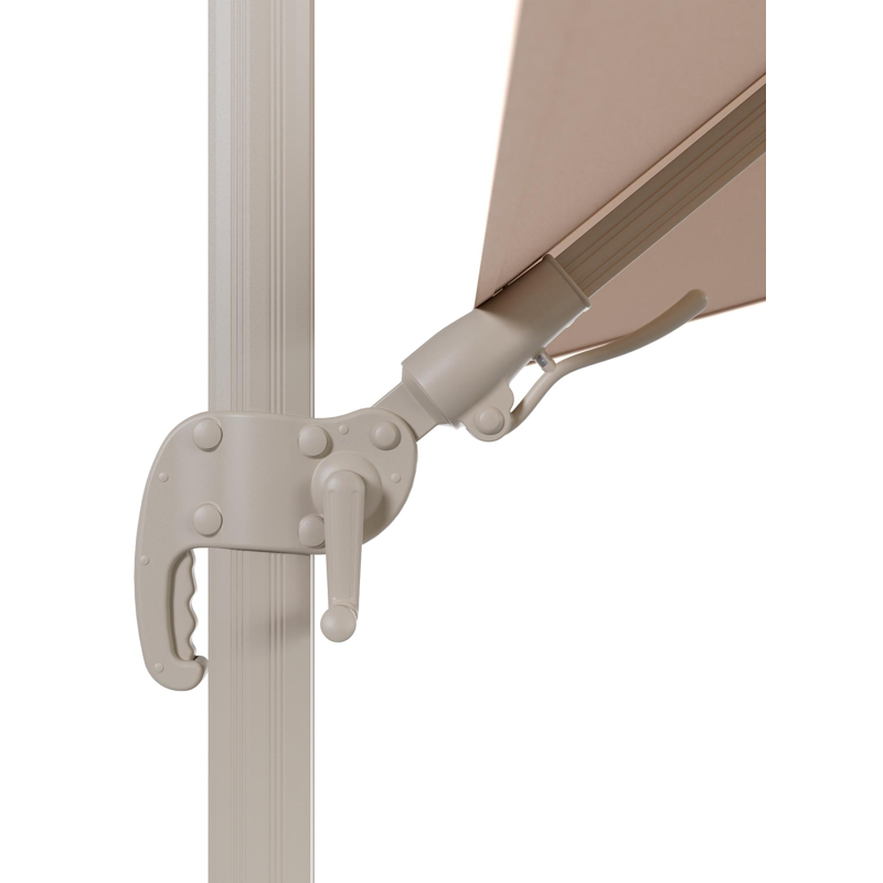 Avola zweefparasol met tiltfunctie in beige aluminium en Natte Linen Chalk Sunbrella Premium parasoldoek - L1 300 x L2 300 cm - met parasolvoet Pedito 120 kg