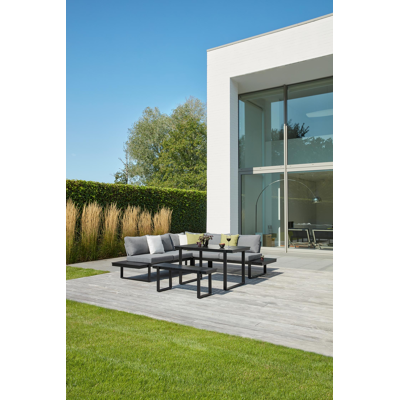 Merida loungehoek in zwart aluminium met grijs polyester kussens en loungetafel