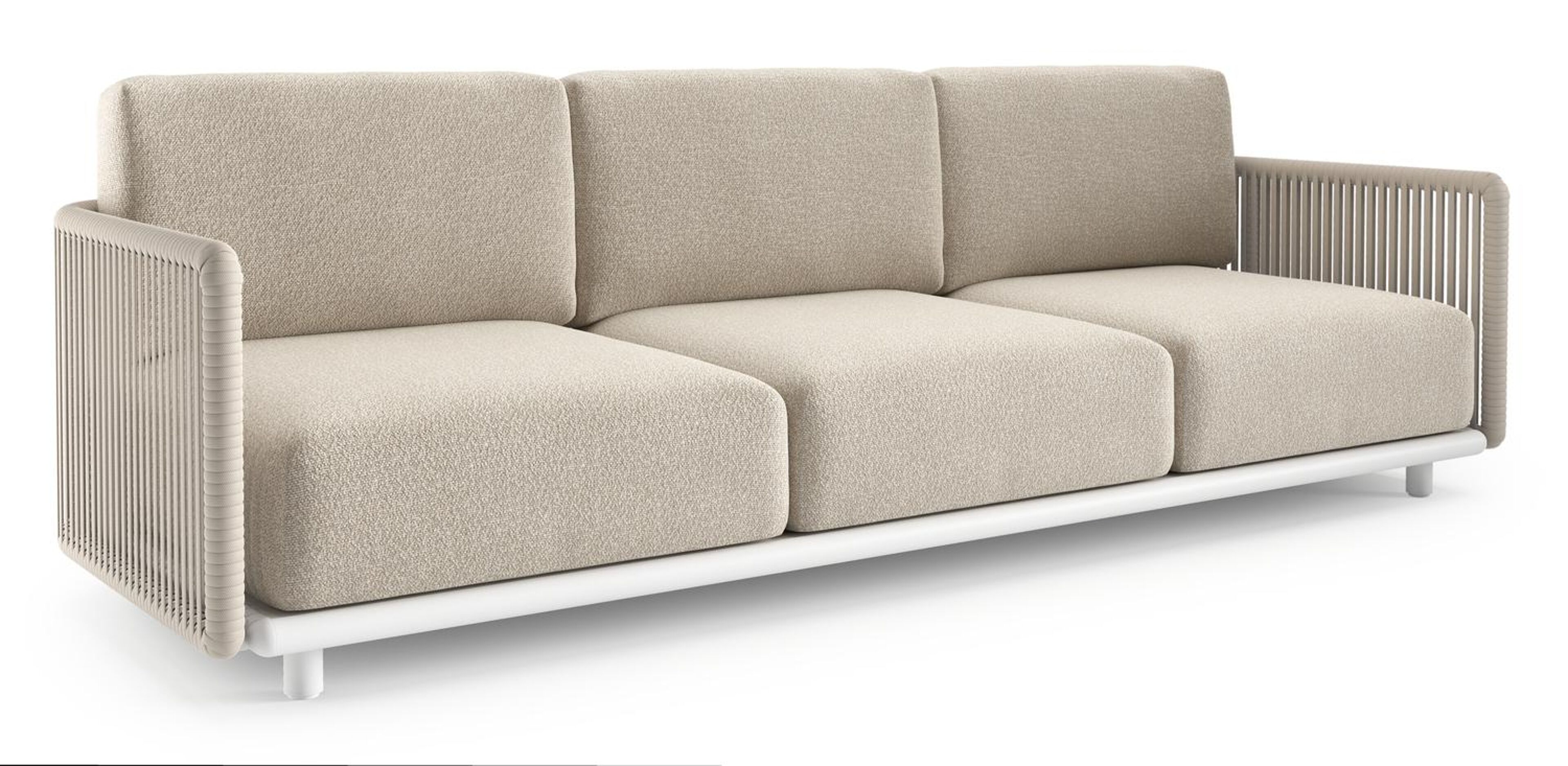 Canapé de jardin Organo en aluminium blanc et corde luxe plate tissée verticalement beige et coussin en all weather Cosytica marbella ecru
