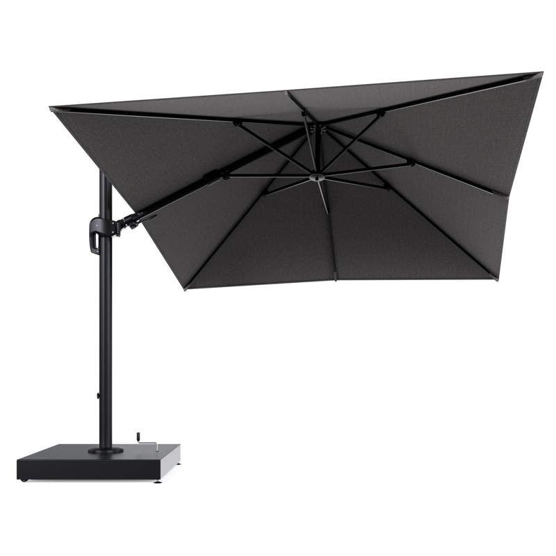 Rufina zweefparasol met tiltfunctie in zwart aluminium en Chartres Drizzle All Weather Sunbrella® Luxe parasoldoek - L1 300 x L2 300 cm met parasolvoet Minore 260 kg met wielen