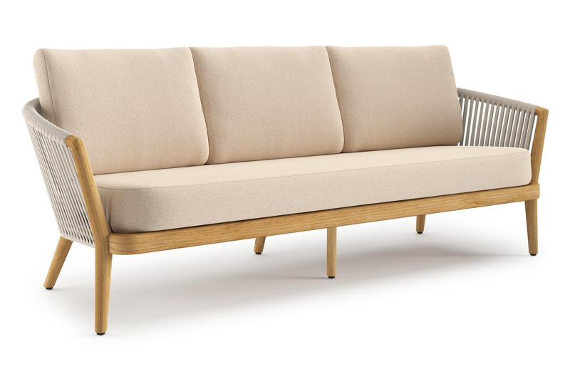 Orso loungebank in teak en beige verticaal geweven luxe vlakke rope met Heritage Papyrus all weather sunbrella® luxe kussen