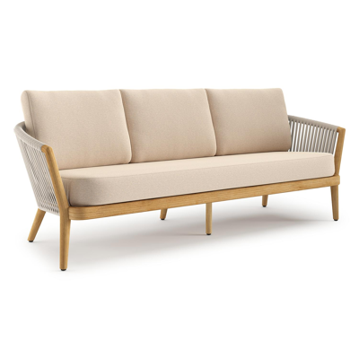 Orso loungebank in teak en beige verticaal geweven luxe vlakke rope met Heritage Papyrus all weather sunbrella® luxe kussen