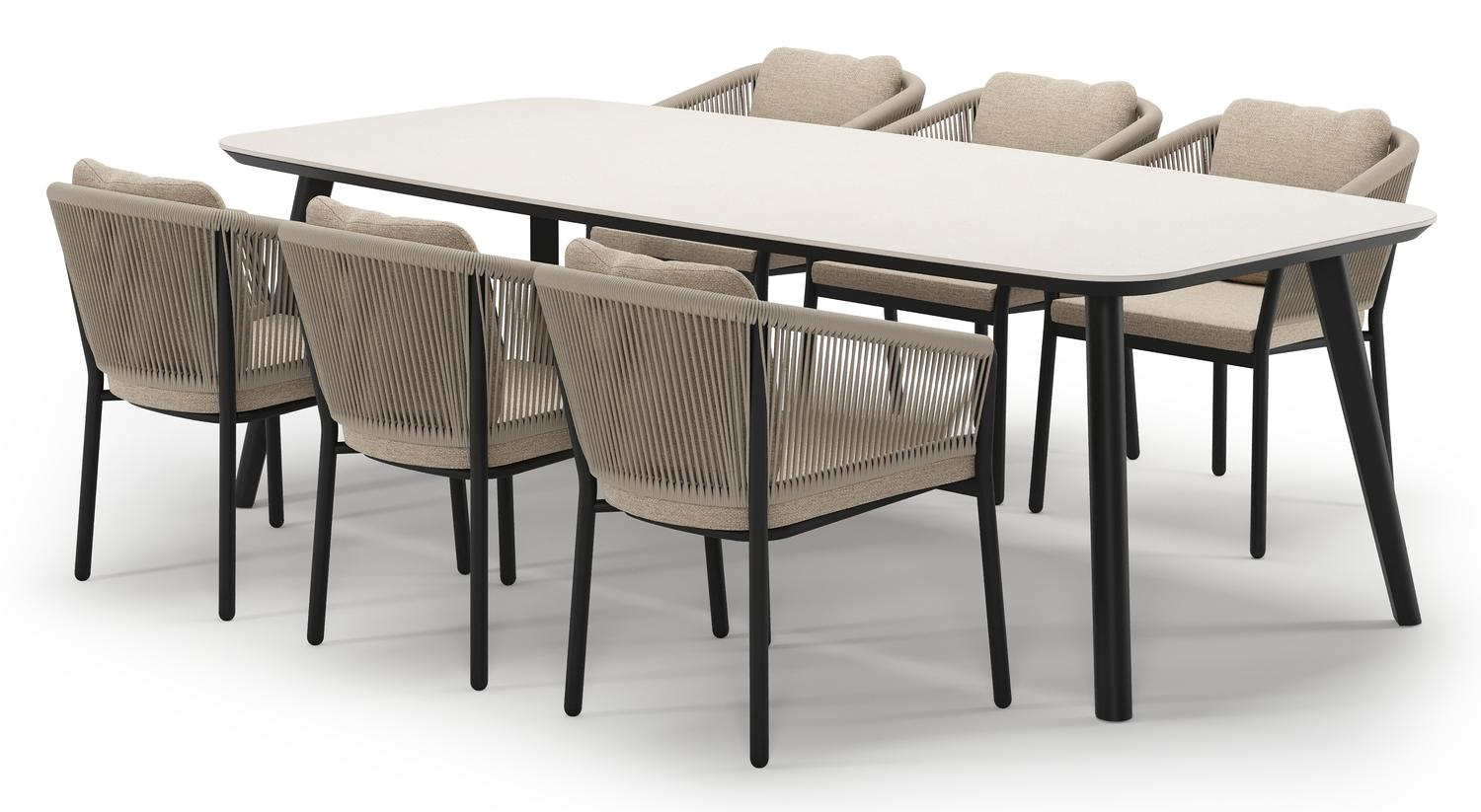 Mosa tuinset in zwart aluminium en crema minerale sintered stone met 6 Gerona tuinstoelen