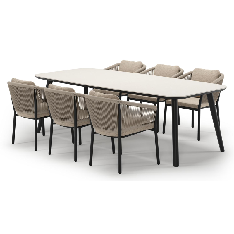 Mosa tuinset in zwart aluminium en crema minerale sintered stone met 6 Gerona tuinstoelen