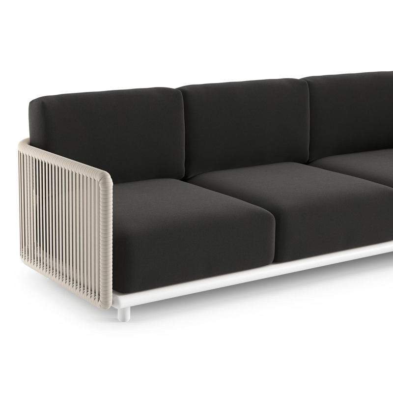 Organo loungehoek in wit aluminium en beige verticaal geweven luxe vlakke rope met natte sooty all weather Sunbrella® luxe kussen