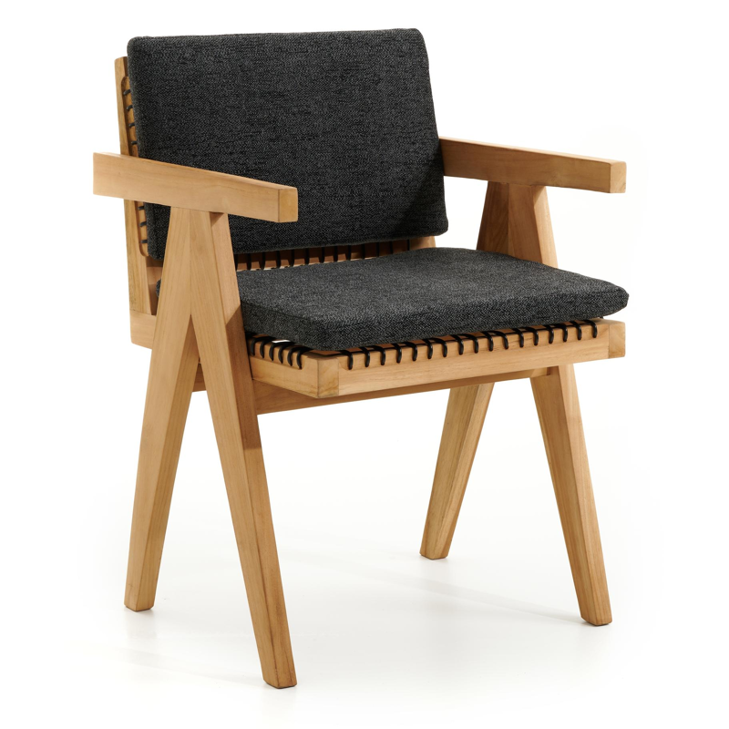 Trentino tuinstoel in teak en naturel ronde wicker met kussen in chartres sooty all weather sunbrella® luxe