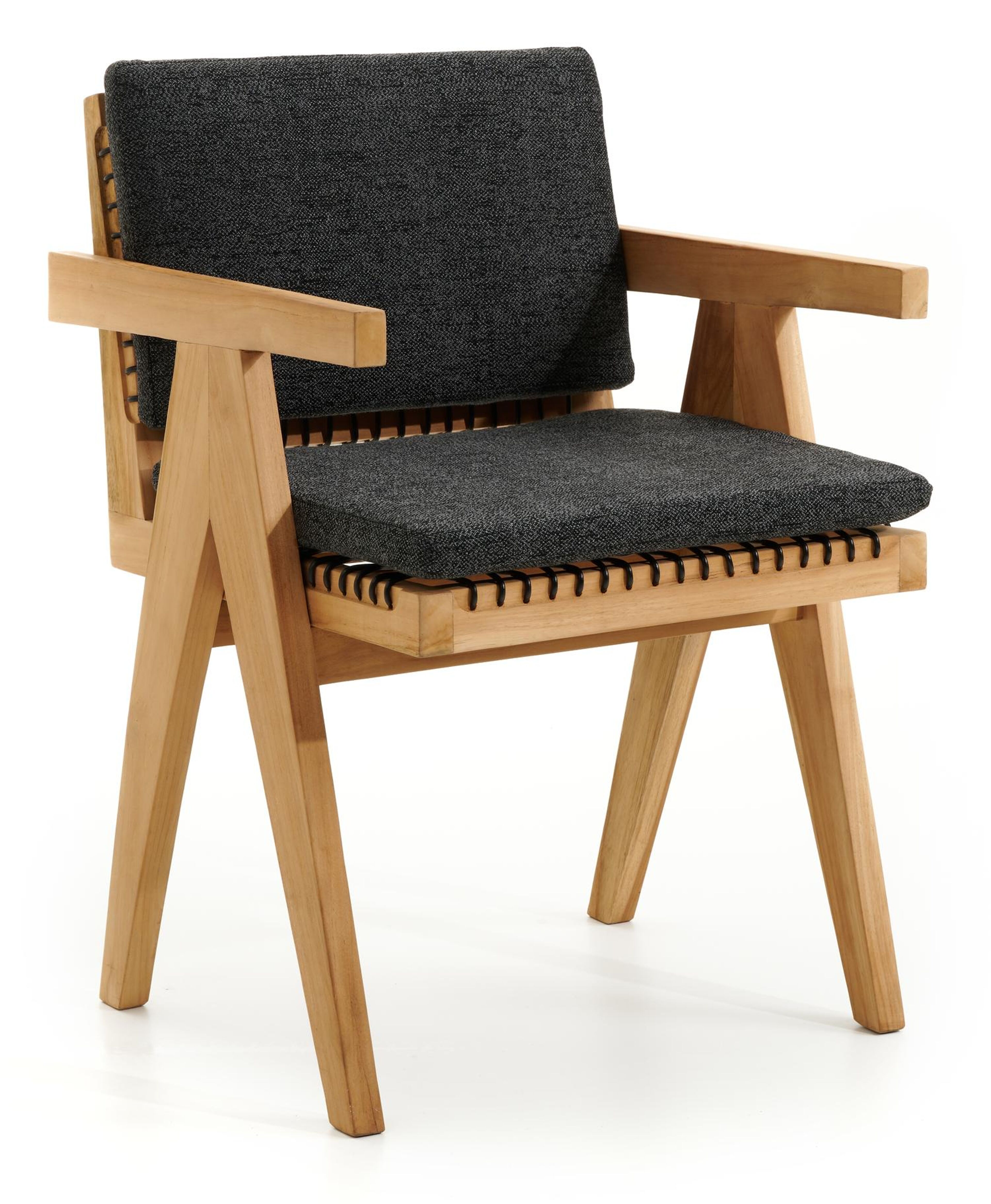 Chaise de jardin Trentino en teck et résine tressée ronde naturel avec coussin en chartres sooty all weather sunbrella® luxe