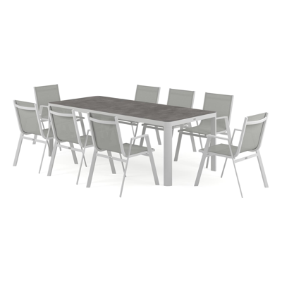 Ellara tuinset in wit aluminium en grijs keramische print tafelblad met 8 stapelbare Oviedo tuinstoelen